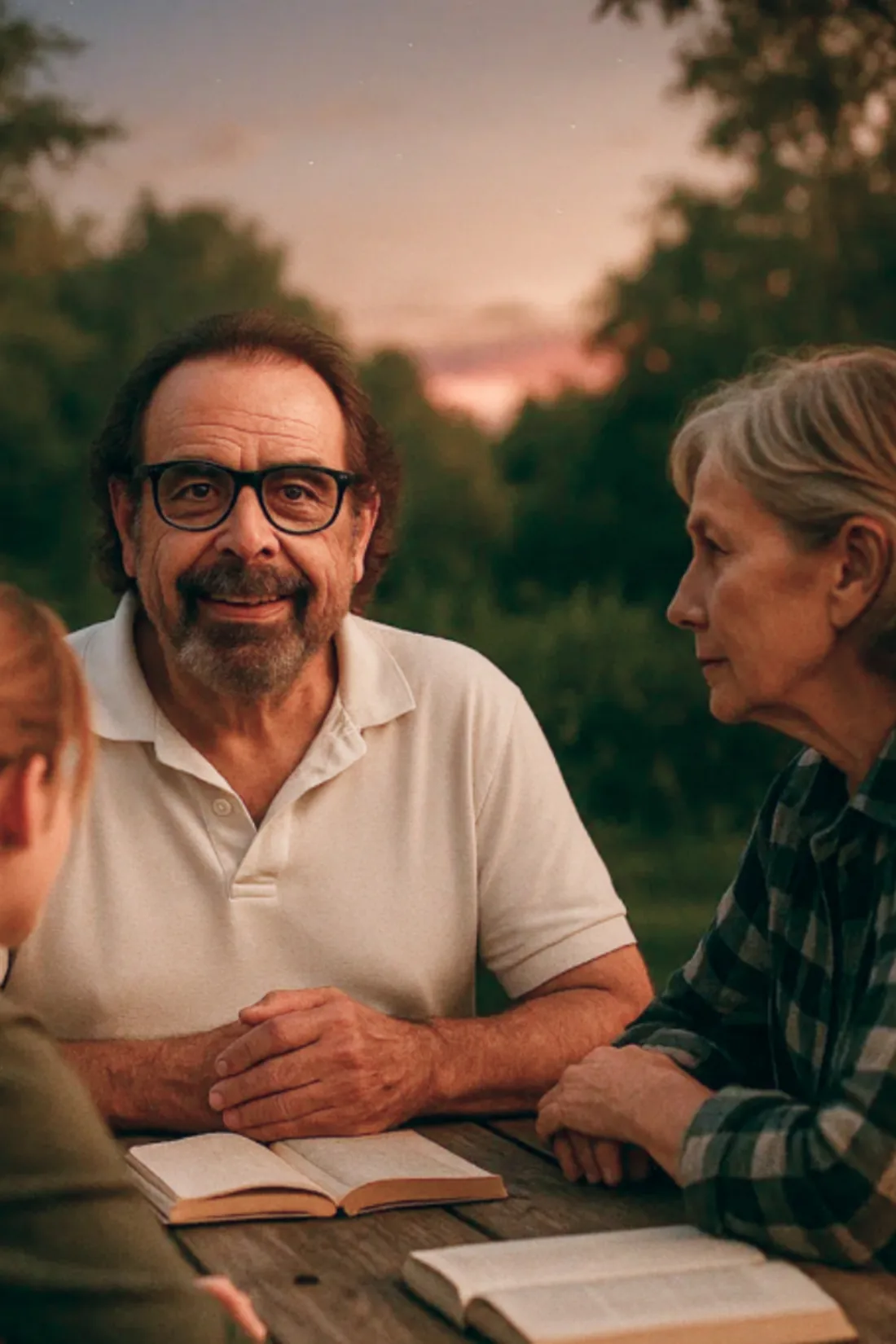 Juan Pablo Ochoa in conversation with a small group at dusk