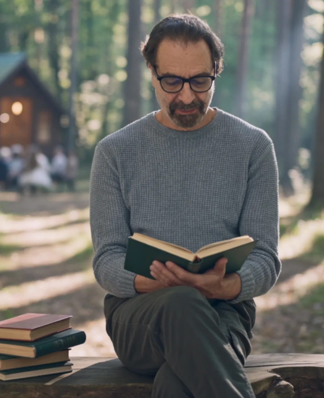 Reading outdoors near a cabin, with a group gathered in the background
