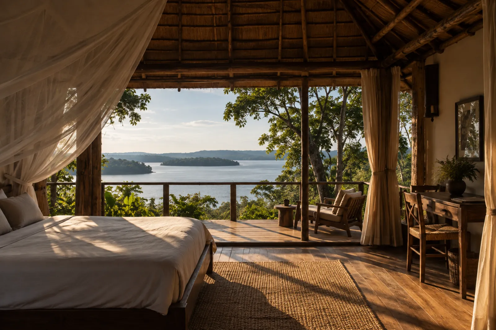 Inside one of the cabins, with the bed under a mosquito net and the lake beyond the veranda