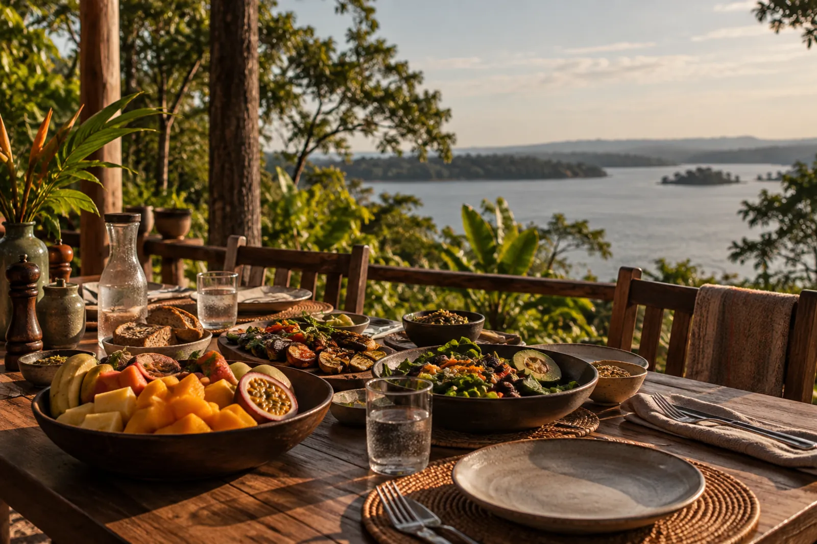 A long table laid with fruit, bread and vegetables, looking out over the lake