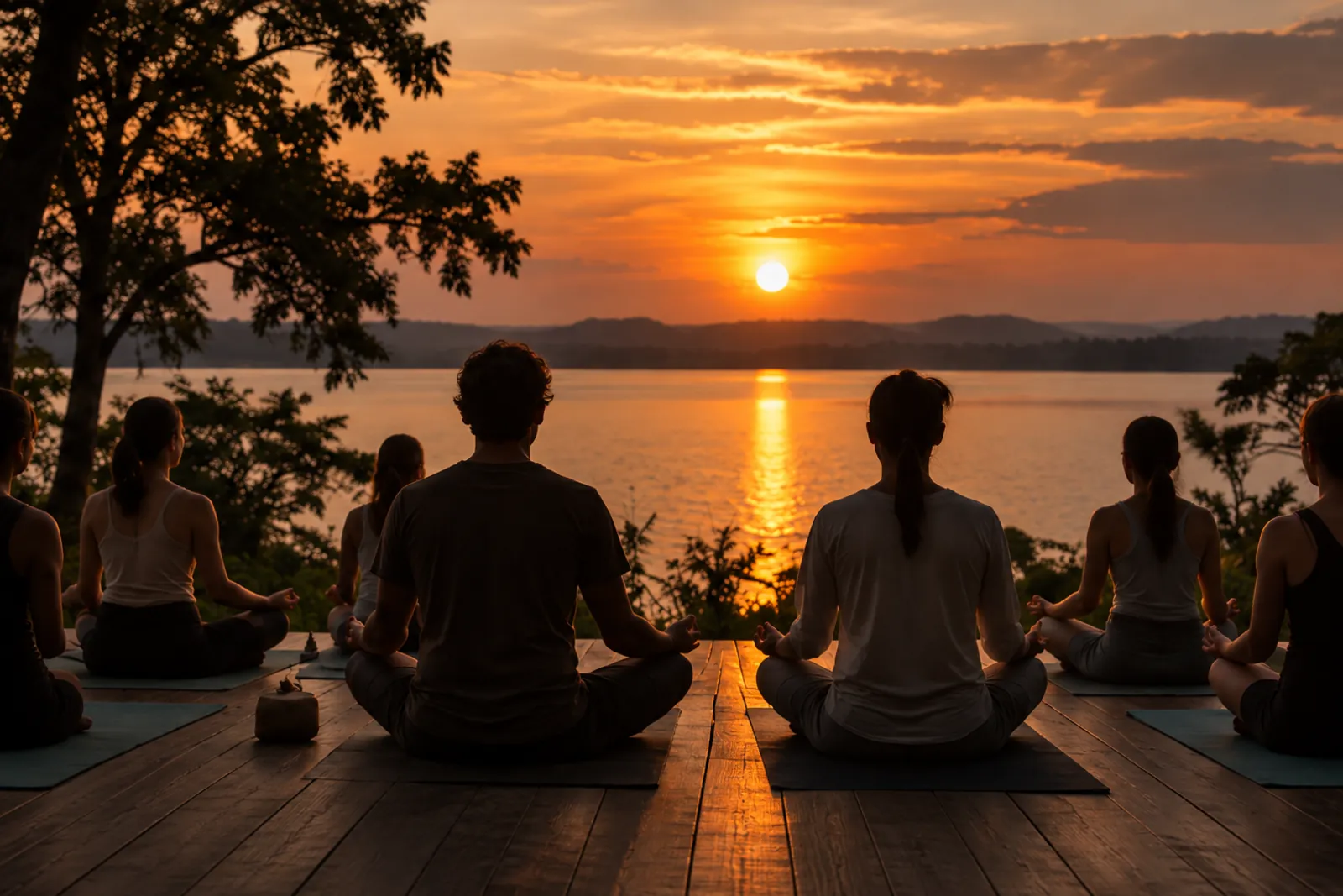 A group seated in meditation on a wooden deck, facing the sun over the water