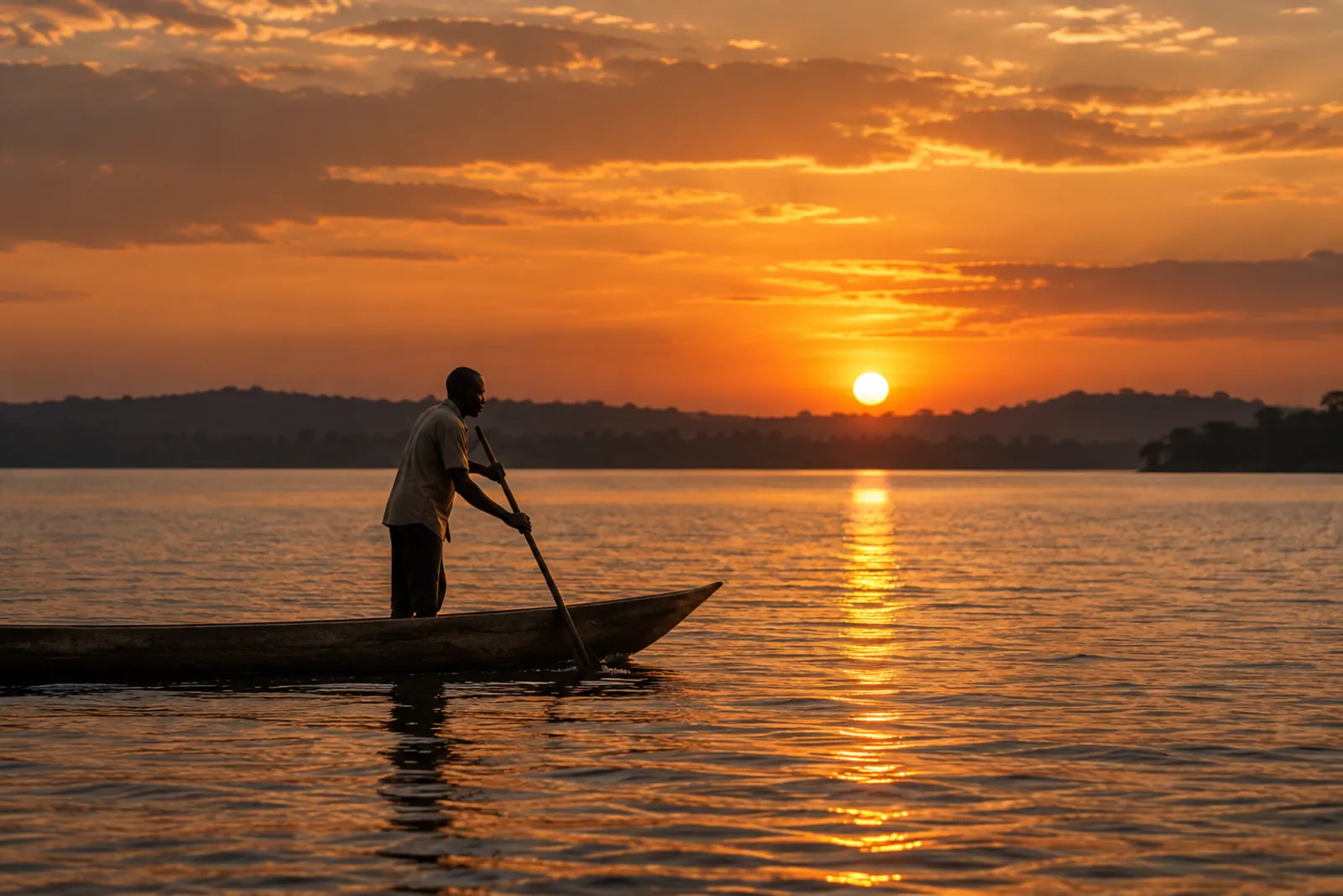 A fisherman rowing a wooden canoe across the lake at sunset