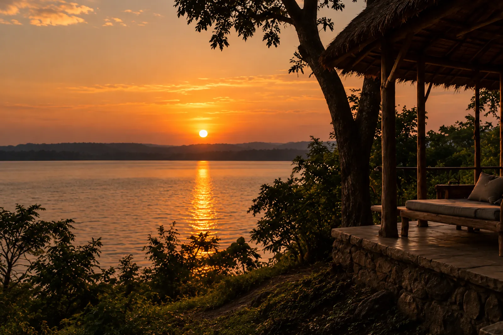 Sunset seen from the porch, with the lake below and a daybed under the thatch